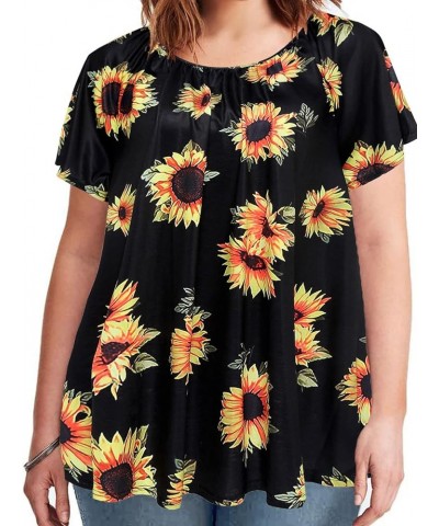 Womens Plus Size Tops Short Sleeve Shirt Flutter Flowy Loose Blouse Tunic Top 1X-4X F1 Sunflower $10.99 Tops