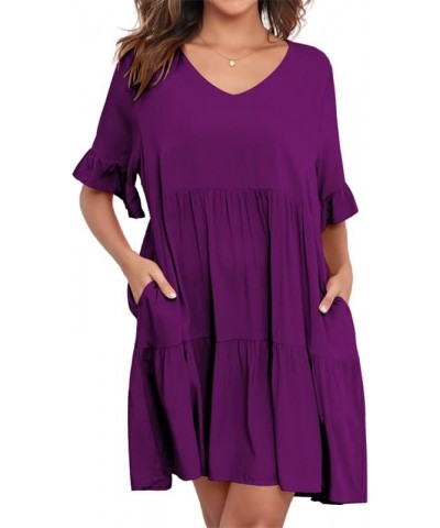 Summer Tunic Dress for Women V Neck Ruffle Short Sleeve Dresses Casual Loose Flowy Beach Cover Up Swing Vestidos Purple $20.0...