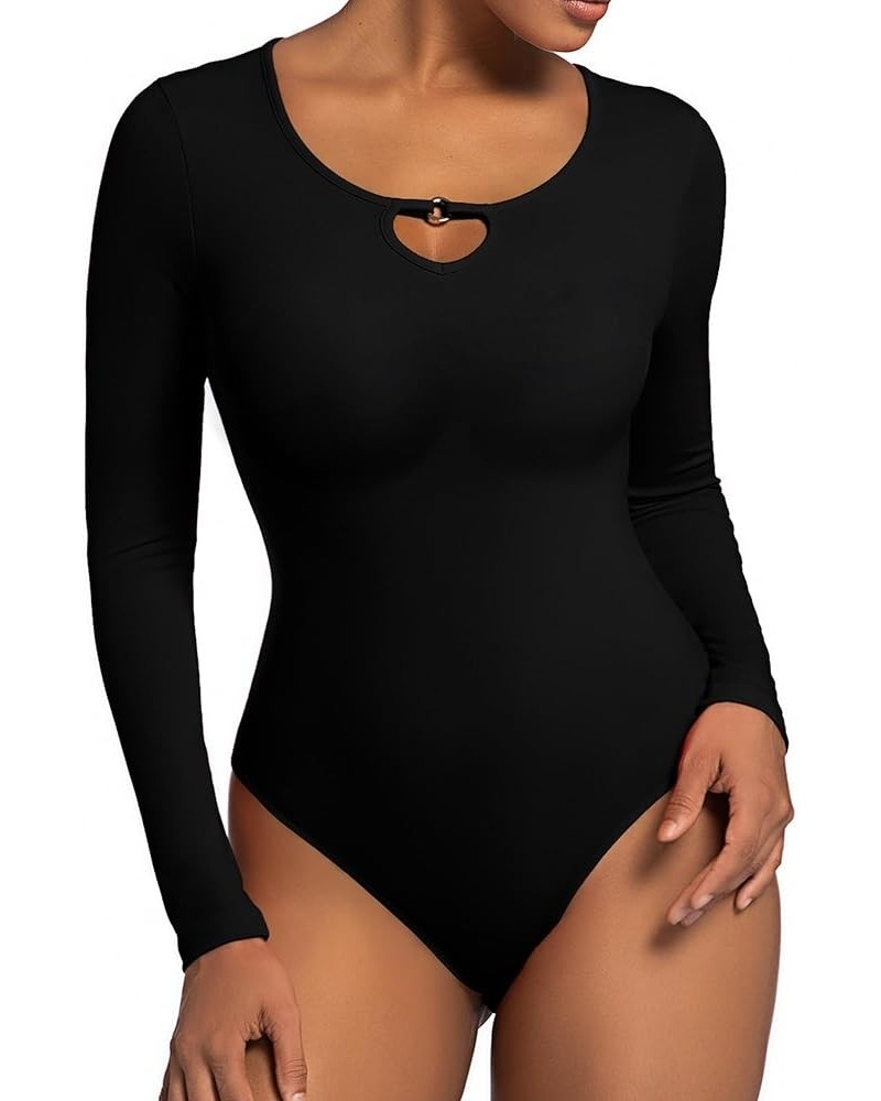 Long Sleeve Crew Neck BodySuits Sexy Tops Ribbed Slim Fit Basic T Shirts S-XXL Black $11.95 Bodysuits