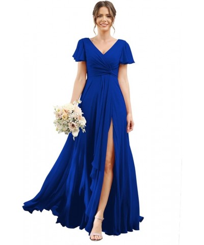 Women's V Neck Bridesmaid Dresses with Slit Pleated High Waist Long Formal Dress with Pockets CYM131 Royal Blue $30.79 Dresses