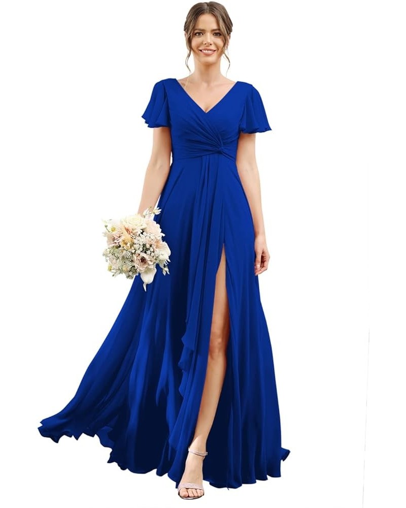 Women's V Neck Bridesmaid Dresses with Slit Pleated High Waist Long Formal Dress with Pockets CYM131 Royal Blue $30.79 Dresses