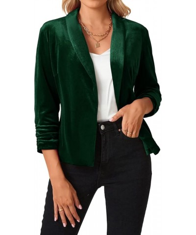 Women's Velvet Blazer 3/4 Ruched Sleeve Open Front Blazers Casual Lightweight Shawl Lapel Jackets Dark Green $16.40 Suits