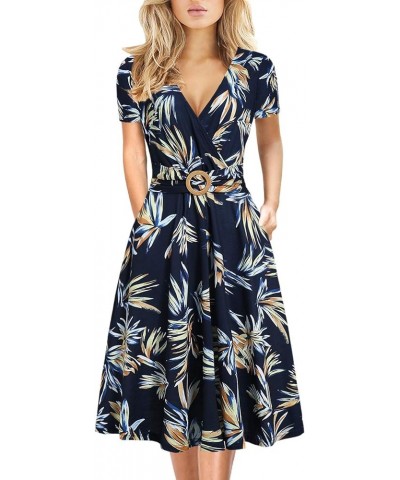 Women's Elegant Criss-Cross V Neck Vintage Short Sleeve Work Casual Fit and Flare Tea Dress with Pockets 980 Blue Floral $21....