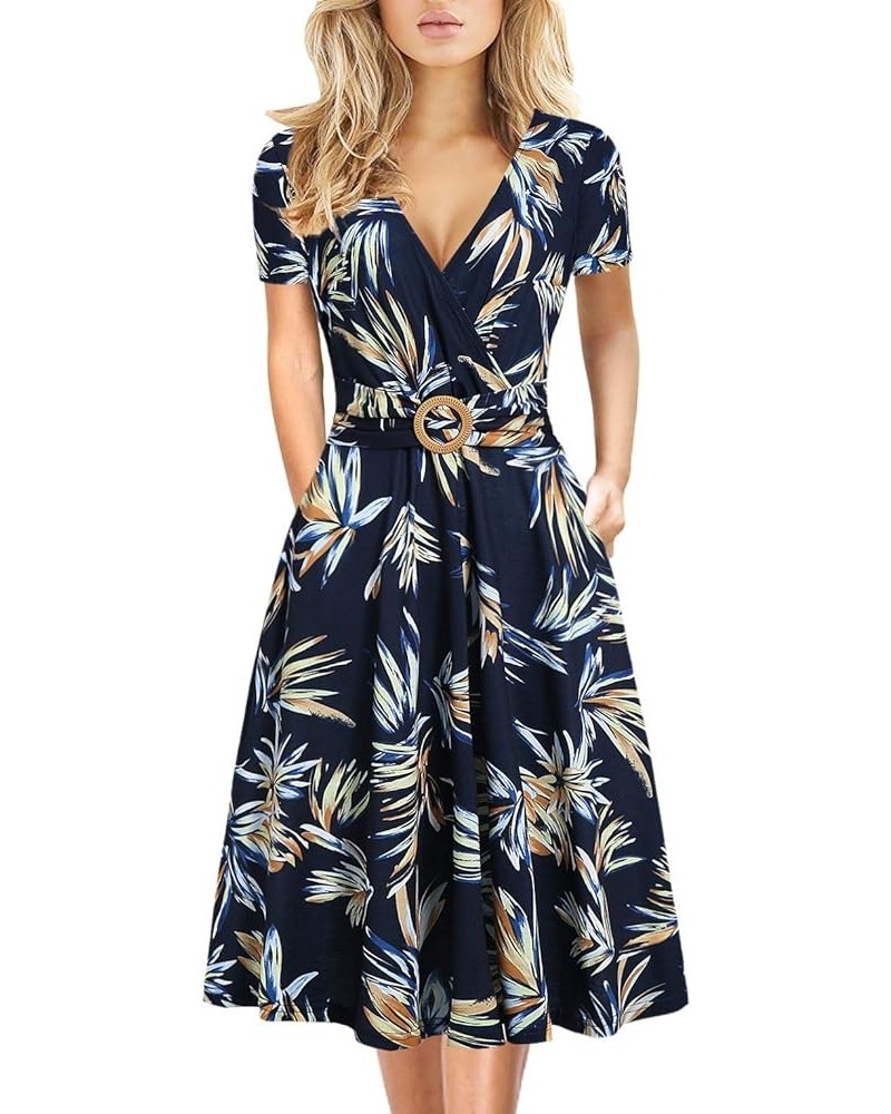 Women's Elegant Criss-Cross V Neck Vintage Short Sleeve Work Casual Fit and Flare Tea Dress with Pockets 980 Blue Floral $21....