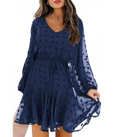 Women's 2024 Spring Summer Long Sleeve V Neck Flowy Mini Dress Swiss Dot High Waist Chiffon Casual Dresses Navy $16.73 Dresses