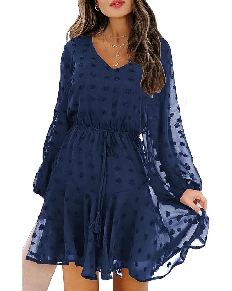 Women's 2024 Spring Summer Long Sleeve V Neck Flowy Mini Dress Swiss Dot High Waist Chiffon Casual Dresses Navy $16.73 Dresses