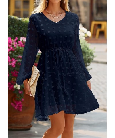 Women's 2024 Spring Summer Long Sleeve V Neck Flowy Mini Dress Swiss Dot High Waist Chiffon Casual Dresses Navy $16.73 Dresses