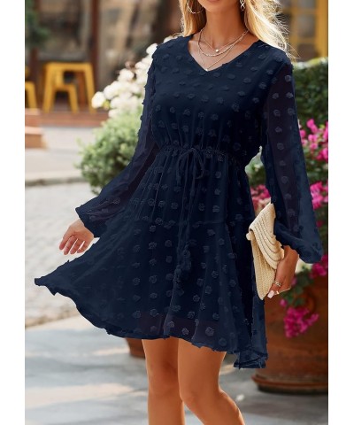 Women's 2024 Spring Summer Long Sleeve V Neck Flowy Mini Dress Swiss Dot High Waist Chiffon Casual Dresses Navy $16.73 Dresses