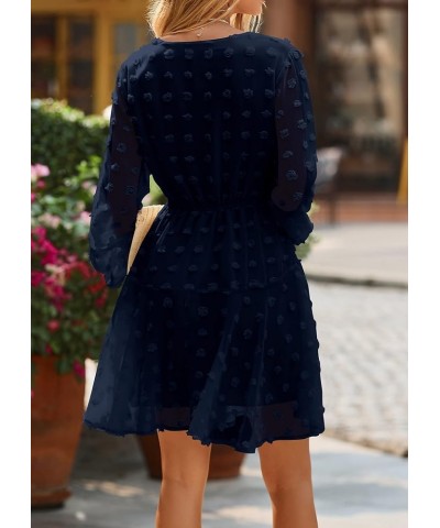 Women's 2024 Spring Summer Long Sleeve V Neck Flowy Mini Dress Swiss Dot High Waist Chiffon Casual Dresses Navy $16.73 Dresses