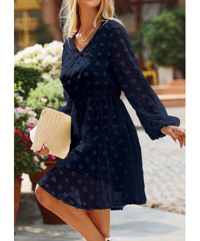 Women's 2024 Spring Summer Long Sleeve V Neck Flowy Mini Dress Swiss Dot High Waist Chiffon Casual Dresses Navy $16.73 Dresses