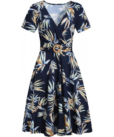 Women's Elegant Criss-Cross V Neck Vintage Short Sleeve Work Casual Fit and Flare Tea Dress with Pockets 980 Blue Floral $21....