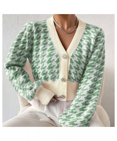 Women Houndstooth Print Button Down Crop Sweater Cardigan Lantern Sleeve V Neck Drop Shoulder Casual Crop Bolero Green $19.23...