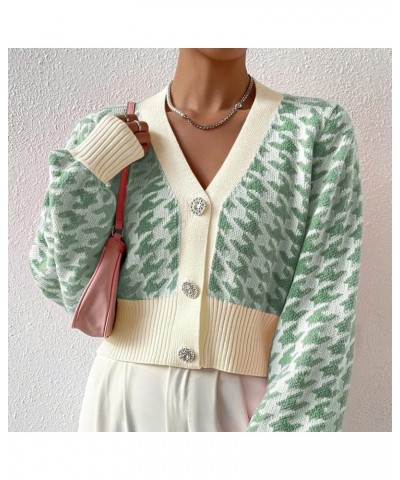 Women Houndstooth Print Button Down Crop Sweater Cardigan Lantern Sleeve V Neck Drop Shoulder Casual Crop Bolero Green $19.23...