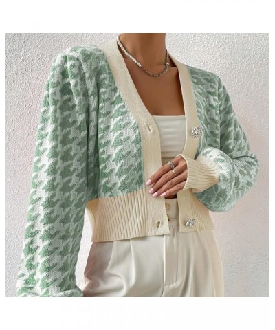 Women Houndstooth Print Button Down Crop Sweater Cardigan Lantern Sleeve V Neck Drop Shoulder Casual Crop Bolero Green $19.23...