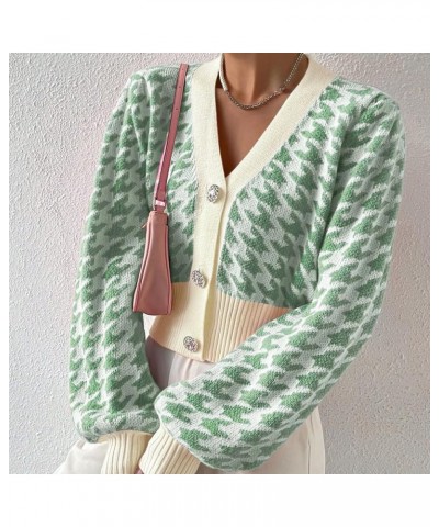 Women Houndstooth Print Button Down Crop Sweater Cardigan Lantern Sleeve V Neck Drop Shoulder Casual Crop Bolero Green $19.23...