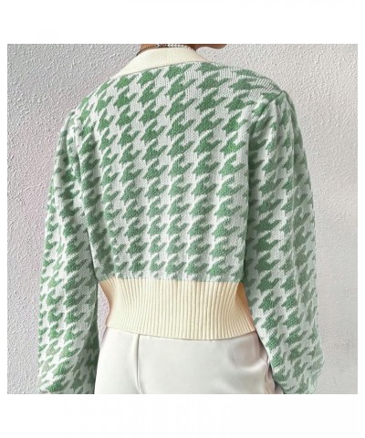 Women Houndstooth Print Button Down Crop Sweater Cardigan Lantern Sleeve V Neck Drop Shoulder Casual Crop Bolero Green $19.23...