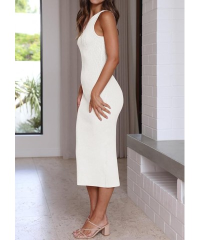 Women's 2024 Spring Summer Sleeveless Ribbed Knit Midi Sweater Dress Casual Crewneck Elegant Tank Bodycon Dresses White $23.4...