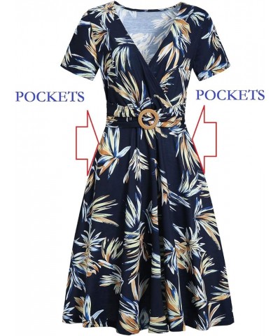 Women's Elegant Criss-Cross V Neck Vintage Short Sleeve Work Casual Fit and Flare Tea Dress with Pockets 980 Blue Floral $21....