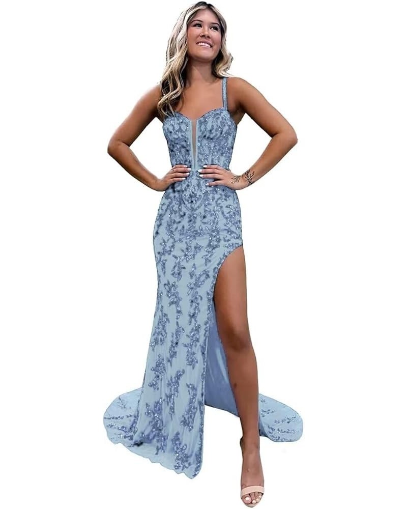 Mermaid Prom Dresses Long Slit Spaghetti Straps Sequin Sweetheart Tulle Evening Gown Party Dreses ZS39 Sky Blue $35.65 Dresses