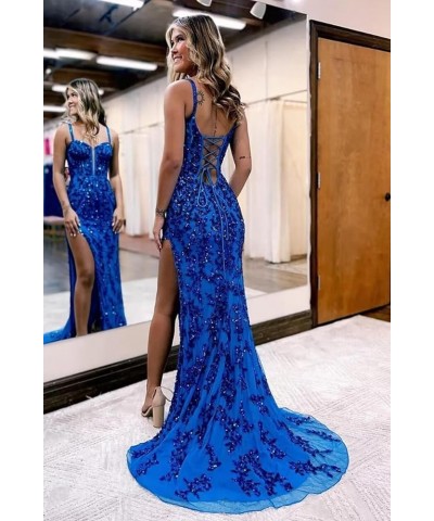 Mermaid Prom Dresses Long Slit Spaghetti Straps Sequin Sweetheart Tulle Evening Gown Party Dreses ZS39 Sky Blue $35.65 Dresses