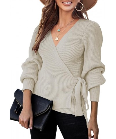 Women Fall Wrap Sexy V Neck Top Long Balloon Sleeve Oversized Pullover Fall Batwing Ribbed Slouchy Tunic Sweater… B-beige $12...