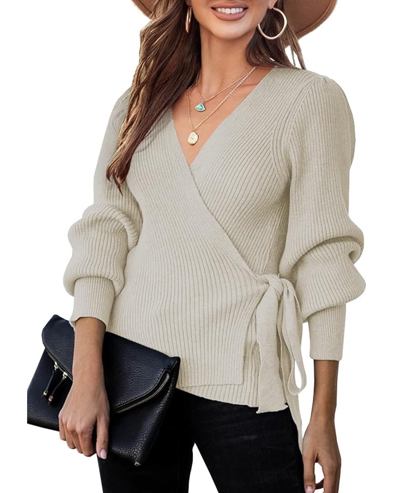 Women Fall Wrap Sexy V Neck Top Long Balloon Sleeve Oversized Pullover Fall Batwing Ribbed Slouchy Tunic Sweater… B-beige $12...