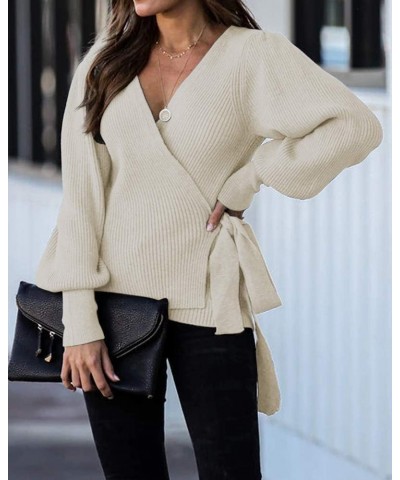 Women Fall Wrap Sexy V Neck Top Long Balloon Sleeve Oversized Pullover Fall Batwing Ribbed Slouchy Tunic Sweater… B-beige $12...