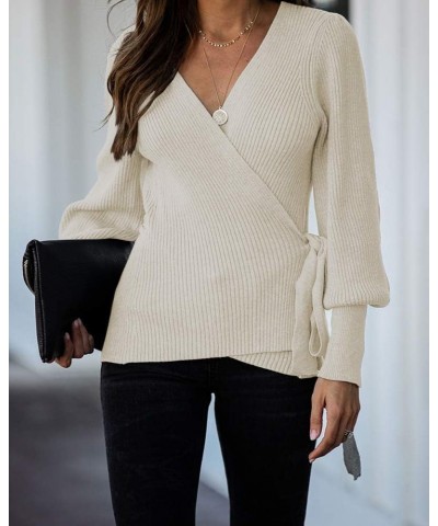 Women Fall Wrap Sexy V Neck Top Long Balloon Sleeve Oversized Pullover Fall Batwing Ribbed Slouchy Tunic Sweater… B-beige $12...