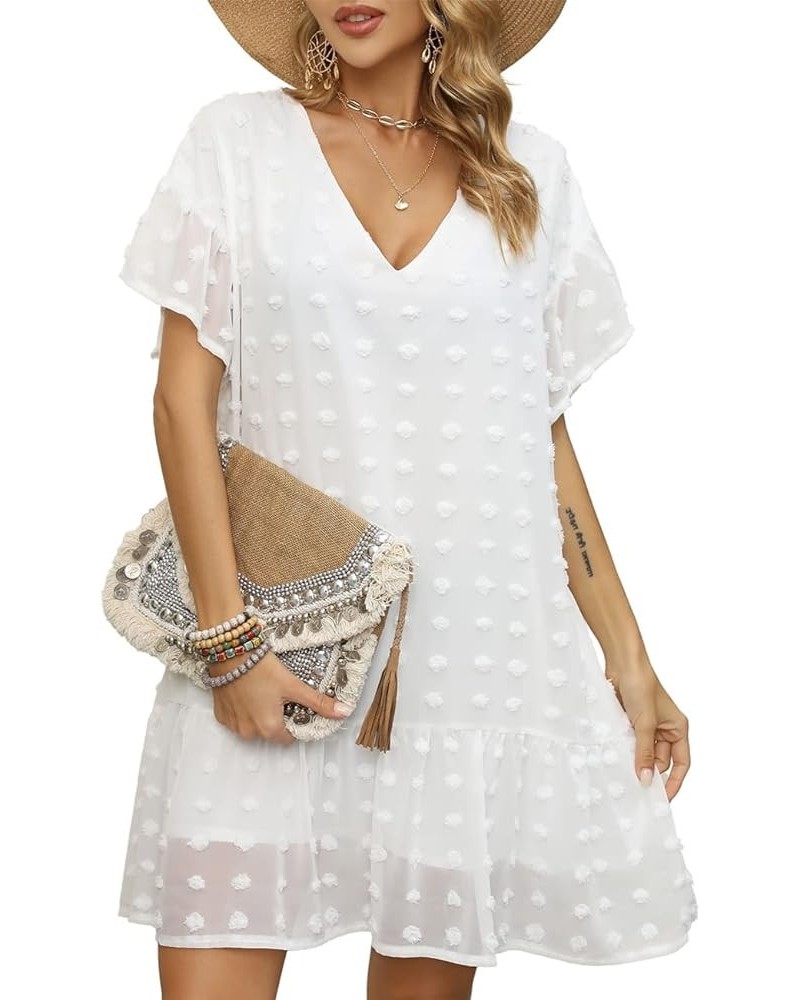 Women Bathing Suit Cover Up Sexy Swiss Dot Dress for Summer Beach Wear White $12.74 Swimsuits