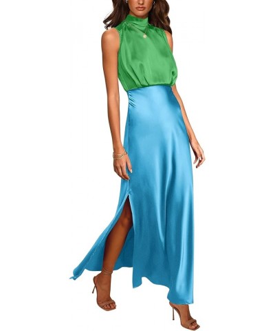 Women's Long Formal Satin Dress Mock Neck Sleeveless Side Slit Flowy Maxi Tank Dresses Green_sky Blue $12.50 Dresses