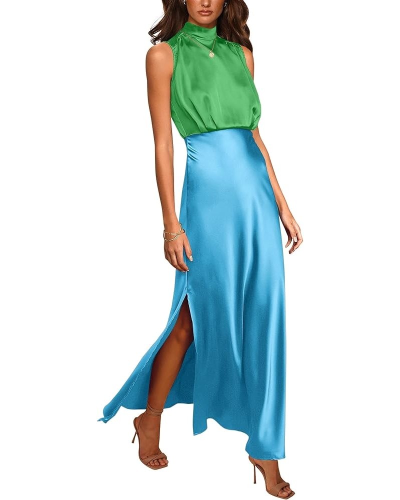 Women's Long Formal Satin Dress Mock Neck Sleeveless Side Slit Flowy Maxi Tank Dresses Green_sky Blue $12.50 Dresses