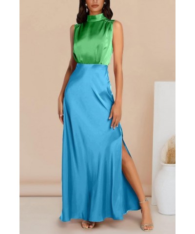 Women's Long Formal Satin Dress Mock Neck Sleeveless Side Slit Flowy Maxi Tank Dresses Green_sky Blue $12.50 Dresses