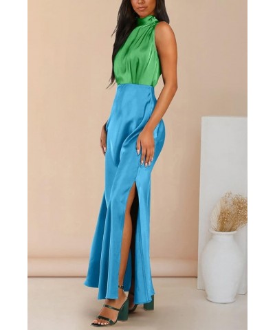 Women's Long Formal Satin Dress Mock Neck Sleeveless Side Slit Flowy Maxi Tank Dresses Green_sky Blue $12.50 Dresses