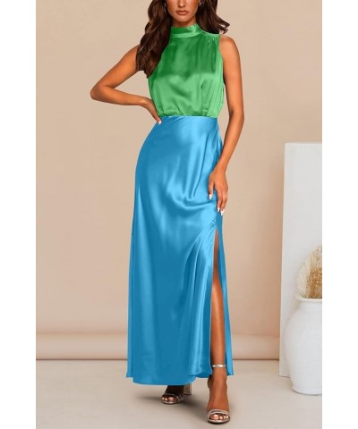 Women's Long Formal Satin Dress Mock Neck Sleeveless Side Slit Flowy Maxi Tank Dresses Green_sky Blue $12.50 Dresses