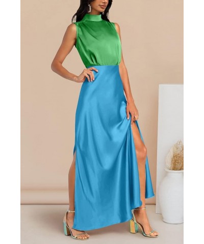 Women's Long Formal Satin Dress Mock Neck Sleeveless Side Slit Flowy Maxi Tank Dresses Green_sky Blue $12.50 Dresses