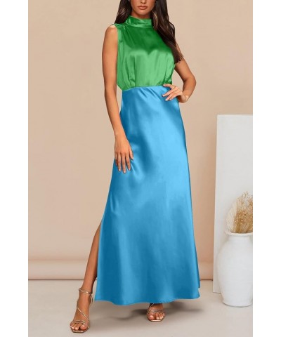 Women's Long Formal Satin Dress Mock Neck Sleeveless Side Slit Flowy Maxi Tank Dresses Green_sky Blue $12.50 Dresses