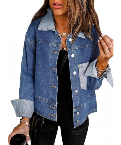 Womens 2023 Fall Fashion Jean Jacket Cropped Long Sleeve Button Down Denim Jackets Outwear Sky Blue $19.59 Jackets