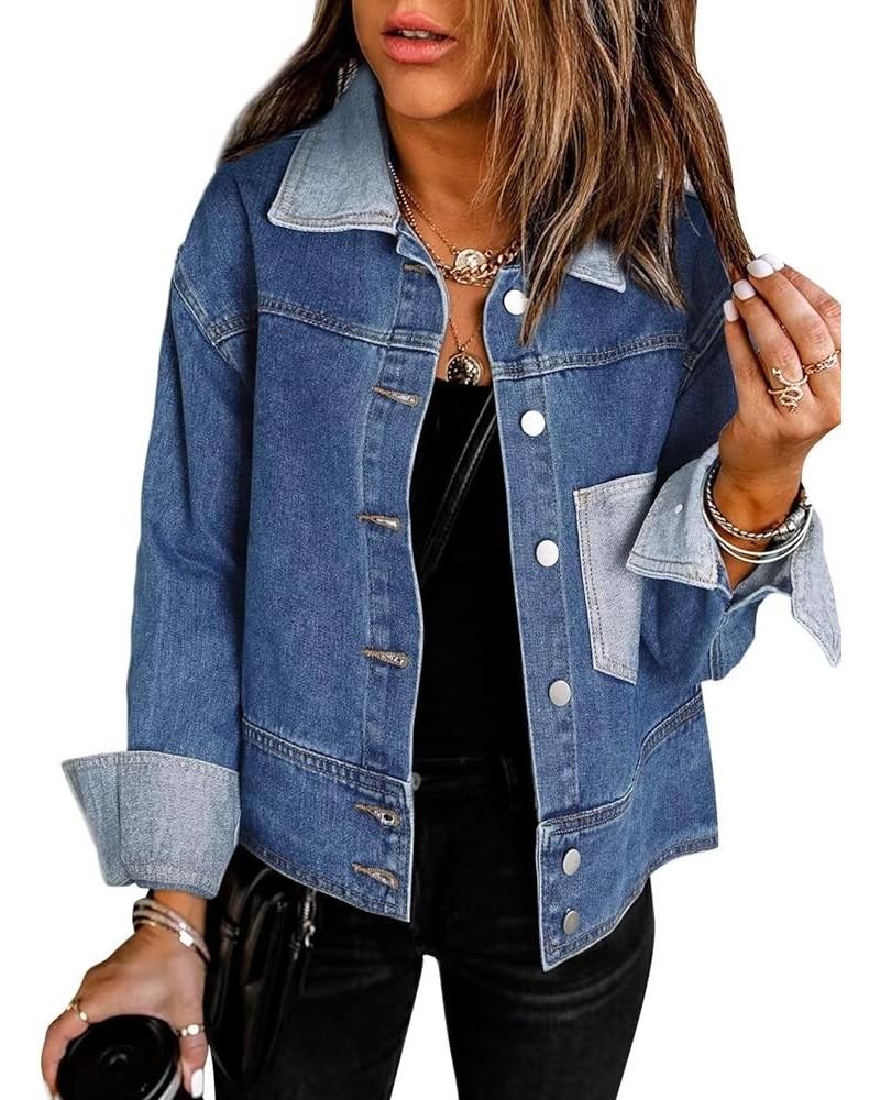 Womens 2023 Fall Fashion Jean Jacket Cropped Long Sleeve Button Down Denim Jackets Outwear Sky Blue $19.59 Jackets