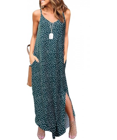 Women's Summer Casual Sleeveless V Neck Strappy Split Loose Dress Beach Cover Up Long Cami Maxi Dresses with Pocket Green Pol...