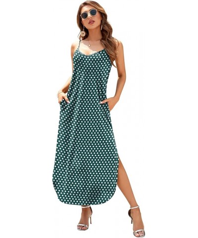 Women's Summer Casual Sleeveless V Neck Strappy Split Loose Dress Beach Cover Up Long Cami Maxi Dresses with Pocket Green Pol...