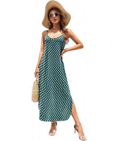 Women's Summer Casual Sleeveless V Neck Strappy Split Loose Dress Beach Cover Up Long Cami Maxi Dresses with Pocket Green Pol...