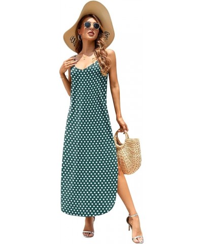 Women's Summer Casual Sleeveless V Neck Strappy Split Loose Dress Beach Cover Up Long Cami Maxi Dresses with Pocket Green Pol...