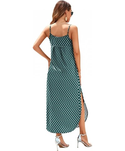 Women's Summer Casual Sleeveless V Neck Strappy Split Loose Dress Beach Cover Up Long Cami Maxi Dresses with Pocket Green Pol...