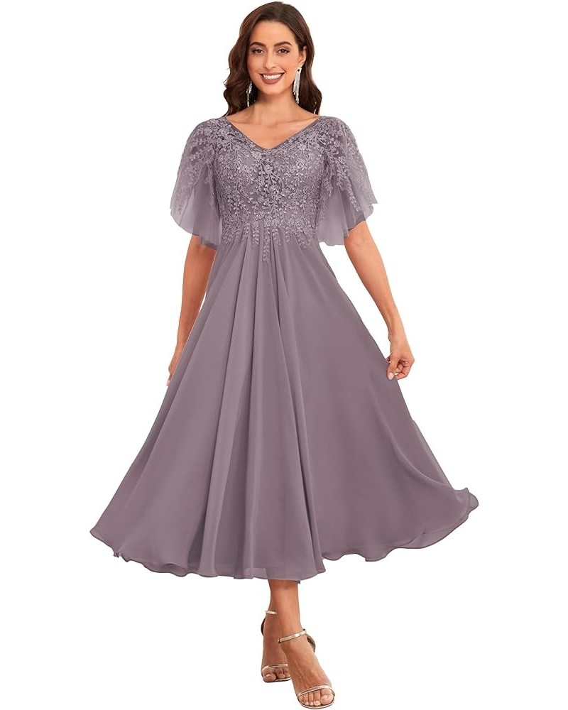 Women's Tea Length Mother of The Bride Dresses for Wedding Beaded Lace Chiffon Evening Formal Gown Wisteria $43.34 Dresses