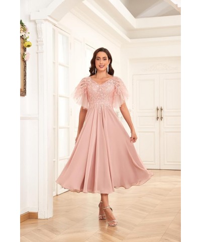 Women's Tea Length Mother of The Bride Dresses for Wedding Beaded Lace Chiffon Evening Formal Gown Wisteria $43.34 Dresses