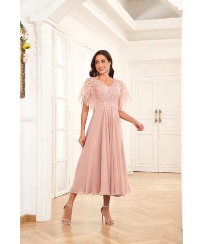 Women's Tea Length Mother of The Bride Dresses for Wedding Beaded Lace Chiffon Evening Formal Gown Wisteria $43.34 Dresses