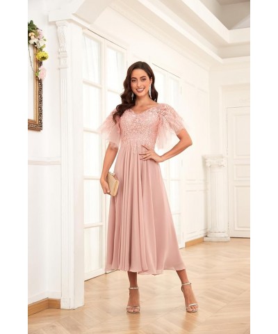 Women's Tea Length Mother of The Bride Dresses for Wedding Beaded Lace Chiffon Evening Formal Gown Wisteria $43.34 Dresses