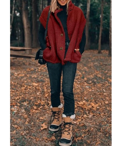 Womens Fuzzy Fleece Vest Casual Oversized Warm Button Down Sherpa Vest Jacket with Pockets Red $31.31 Vests