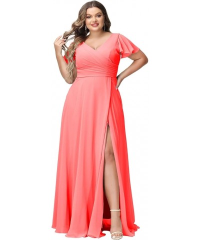 Plus Size V-Neck Long Bridesmaid Dresses with Slit Chiffon Short Sleeve Formal Party Dress CYM120 Coral $35.69 Dresses