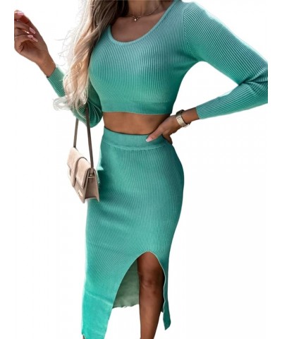 Women's 2 Piece Outfits Fall Long Sleeve Crop Top Bodycon Slit Midi Skirt Sets Ribbed Knit Sweater Dress Lake Blue $16.80 Suits